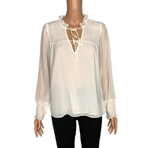 1.STATE Long Sleeve Sheer Smocked Tie Neck Blouse Soft Ecru Small MSRP $79